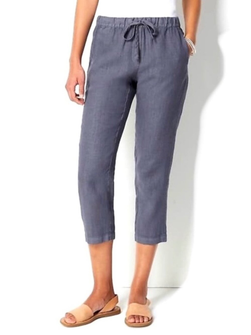 Allen Allen Cropped Linen Pants Size XL Gray Pull On Elastic Waist Lagenlook Eco